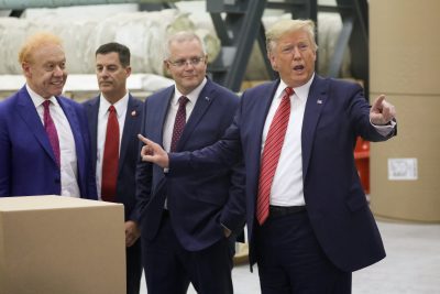US President Donald Trump participates in a tour and plant opening with Australia’s Prime Minister Scott Morrison and Pratt Industries Chairman Anthony Pratt at a Pratt Industries facility in Wapakoneta, Ohio, United States, 22 September 2019 (Photo: Reuters/Jonathan Ernst).