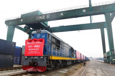 A freight train of China Railway Express running from Changsha to Tehran is pictured before departing from the north Changsha station in Changsha city, central China