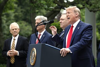 US President Donald Trump delivers remarks on China in the Rose Garden at the White House in Washington, 29 May, 2020 (Yuri Gripas/Pool/Sipa via Reuters).