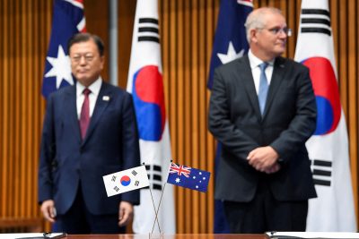 South Korean President Moon Jae-in meets with Australian PM Scott Morrison in Canberra, Australia, 13 December 2021 (PHOTO: Lukas Coch/Pool via REUTERS)