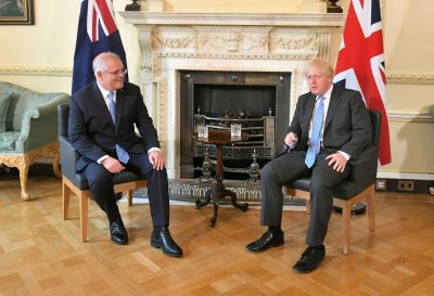 UK Prime Minister Boris Johnson and Australia's Prime Minister Scott Morrison speak at 10 Downing Street, ahead of a meeting to formally announce a trade deal, in London, United Kingdom, 15 June, 2021 (Photo: Dominic Lipinski/Pool via Reuters).