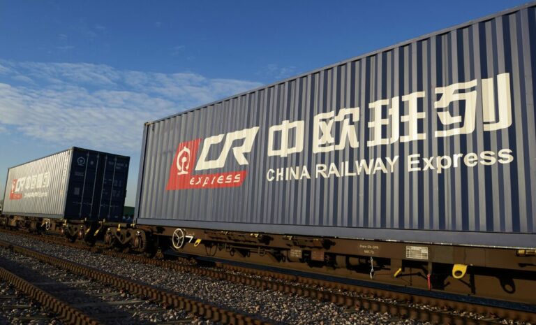 The logo of China Railway Express, a unit of China's state-run China Railway Corporation, is pictured on the side of shipping containers at DB Cargo's London Eurohub rail freight depot in Barking, East London, on Jan. 18, 2017. (Niklas Halle'n/AFP via Getty Images)