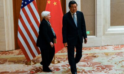 US Treasury Secretary Janet Yellen walks with China's Vice Premier He Lifeng during their meeting at the Diaoyutai State Guesthouse, Beijing, China, 8 July 2023 (Photo: Reuters/Pedro Pardo).