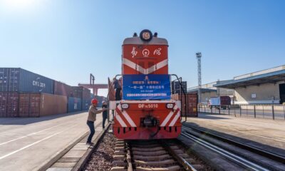 A China-Europe freight train commemorating the 10th anniversary of the Belt and Road Initiative (BRI) departs from Jinhua City, Zhejiang Province, 21 November 2023 (Photo: Reuters/Oriental Image).