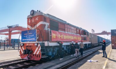 A China-Europe freight train commemorating the 10th anniversary of the Belt and Road Initiative departs from Jinhua City, Zhejiang Province, China, 21 November 2023 (Photo: Reuters).